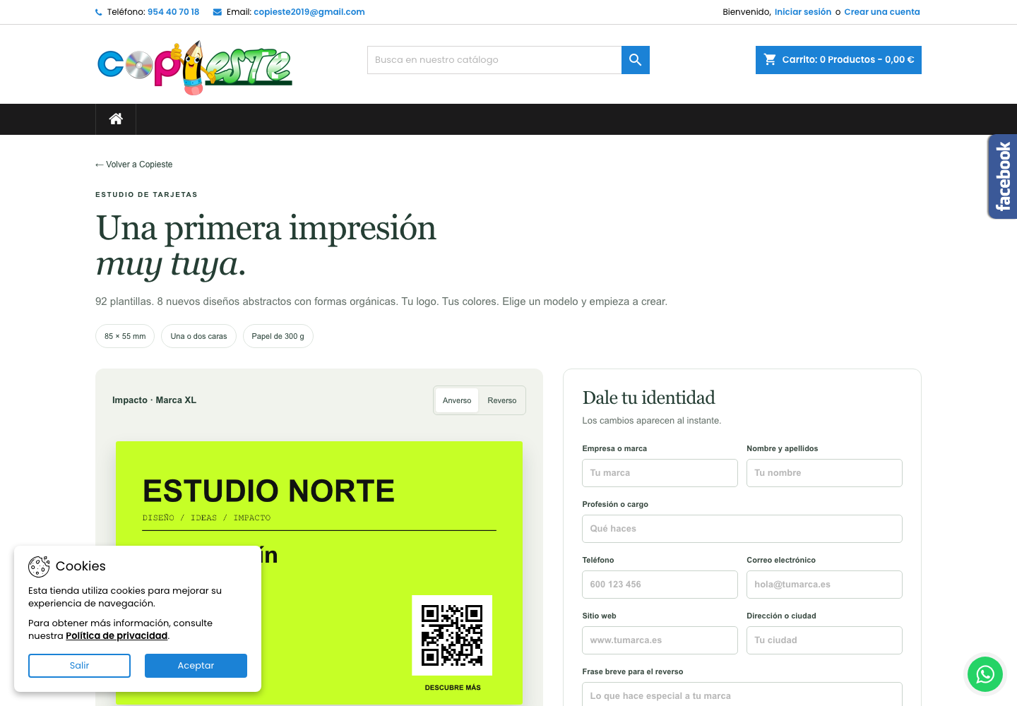 Estudio de tarjetas de visita de Copieste con plantillas y vista previa