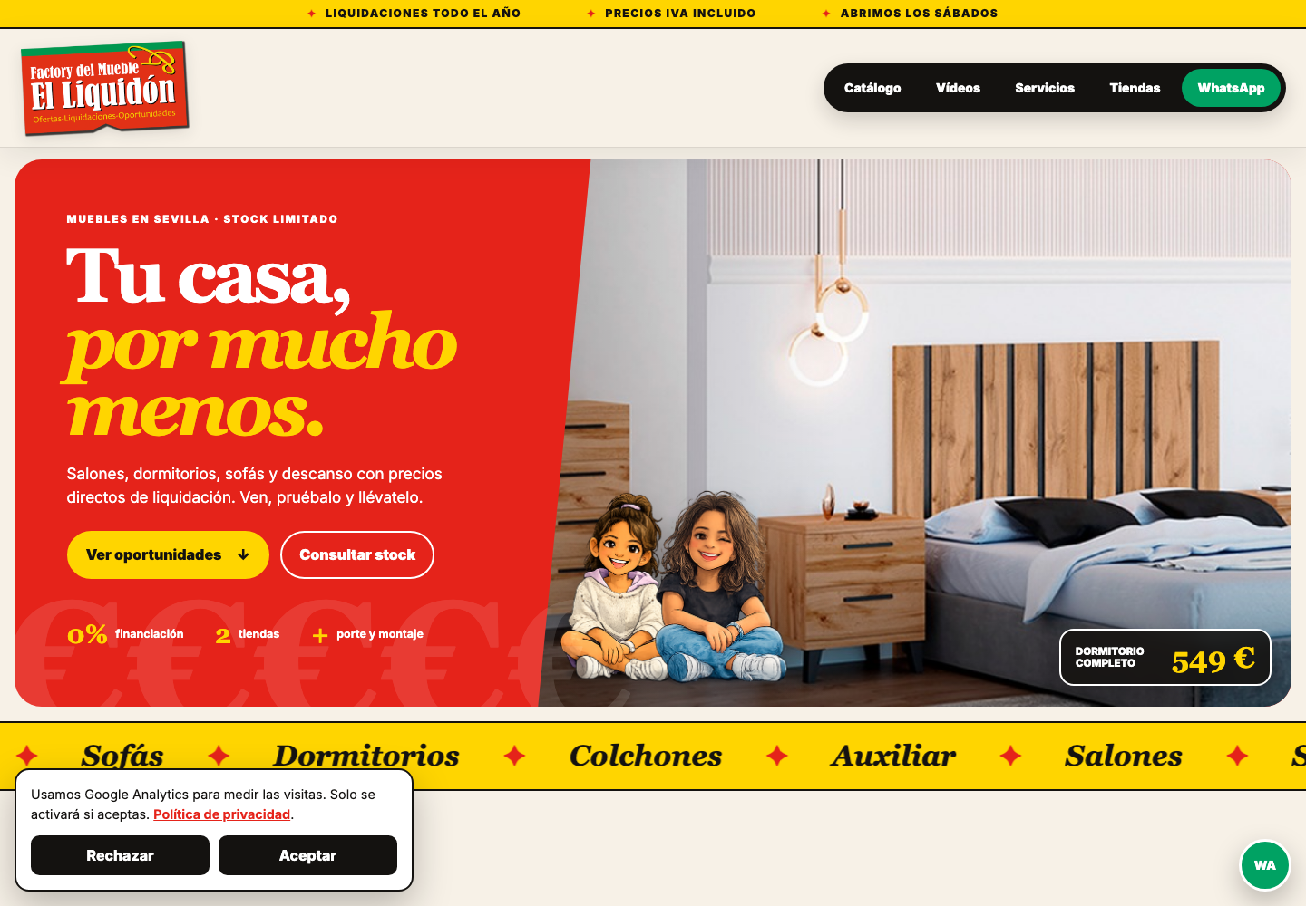 Nueva web de El Liquidón con dormitorio destacado y acceso a catálogo y consulta de stock