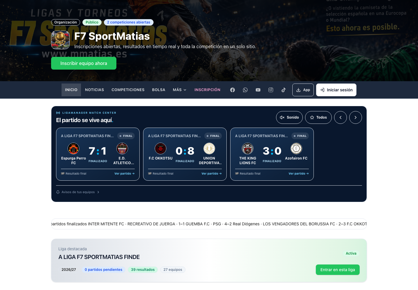 Portal público de F7 SportMatias con LigaManager